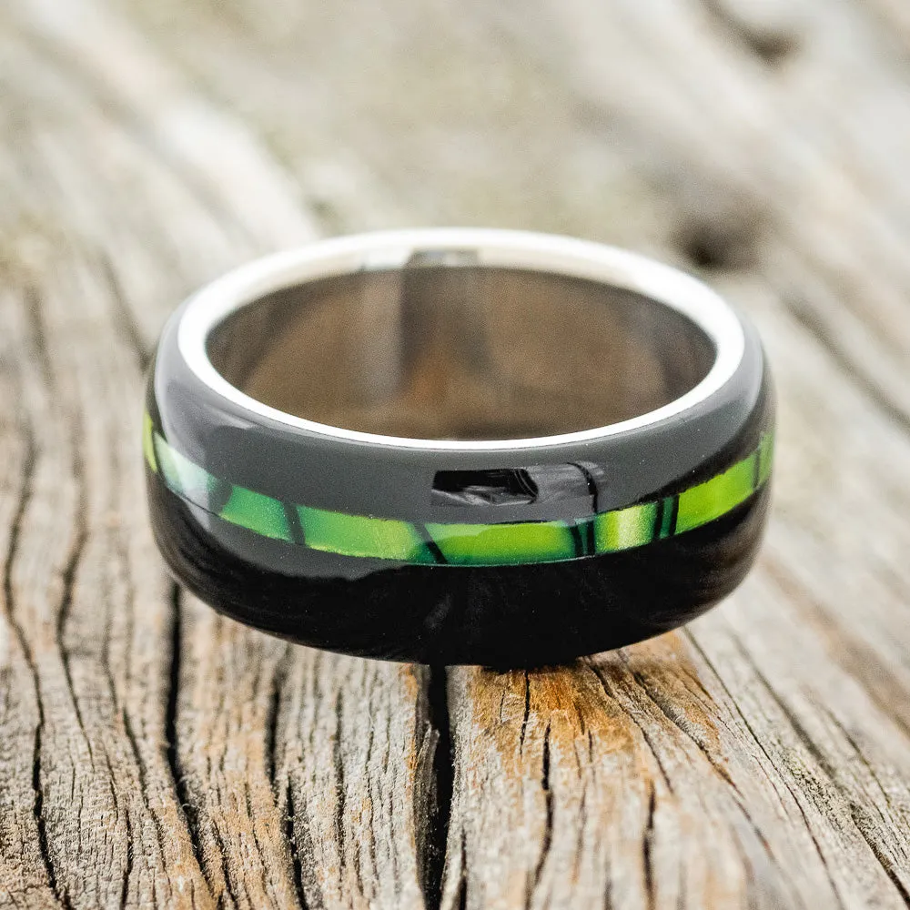 "REMMY" - BLACK & NUCLEAR LIME ACRYLIC WEDDING RING - TITANIUM - SIZE 7