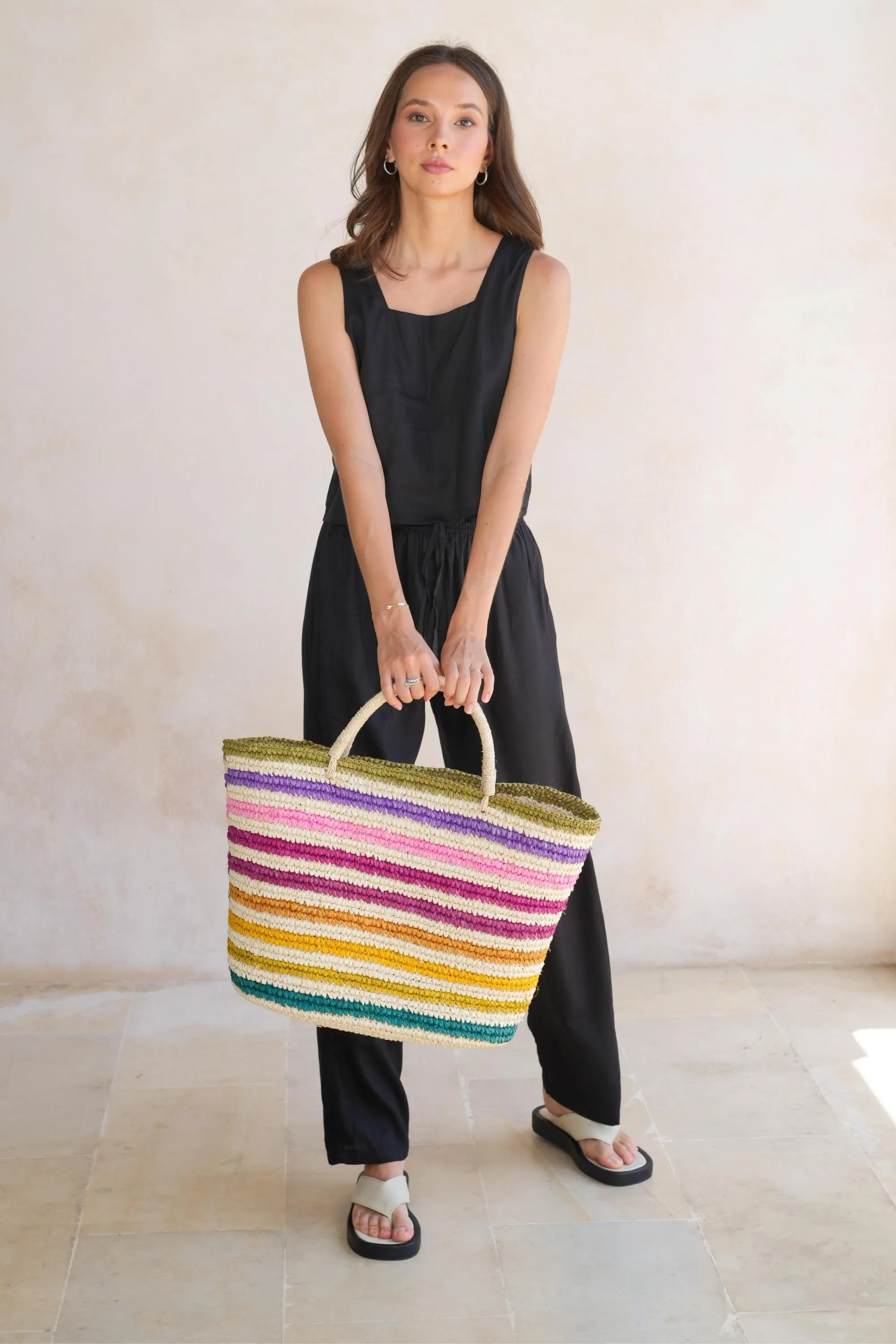 Rainbow Handwoven Color Strips Raffia Tote