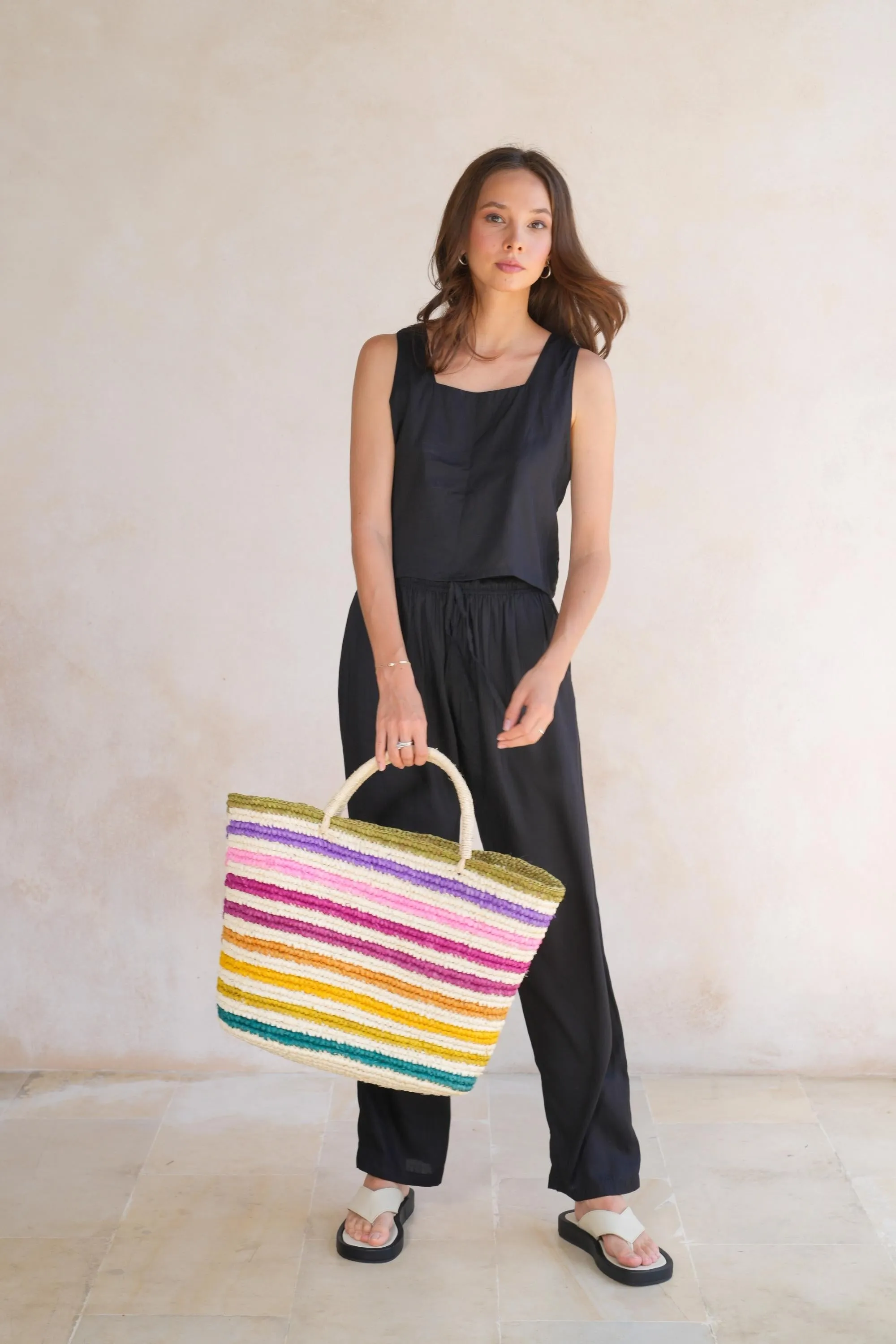 Rainbow Handwoven Color Strips Raffia Tote