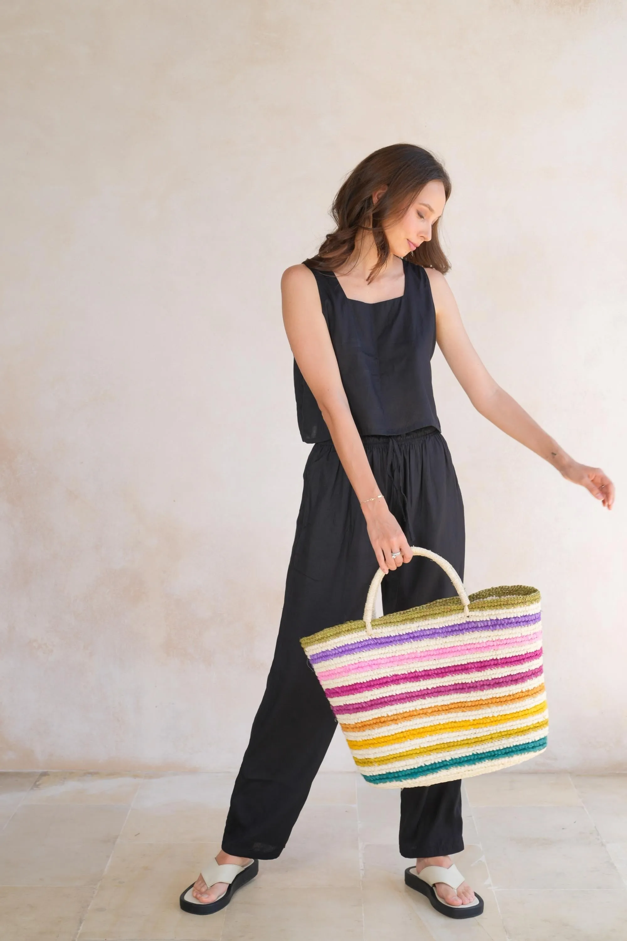 Rainbow Handwoven Color Strips Raffia Tote