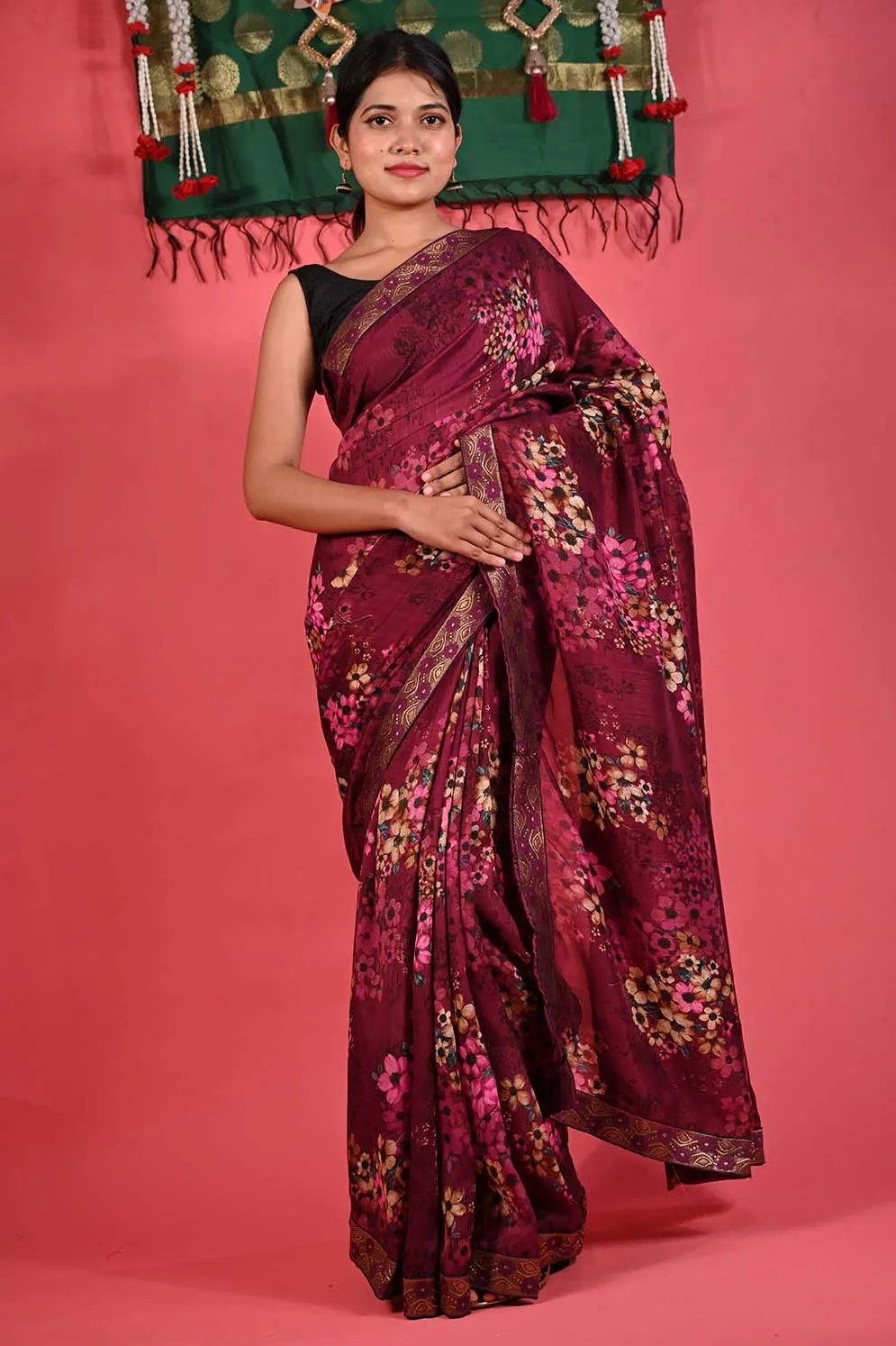 Ready To Wear Beautiful Wine Floral Printed Georgette With Embroidered Detailed  Border  Wrap in 1 minute saree