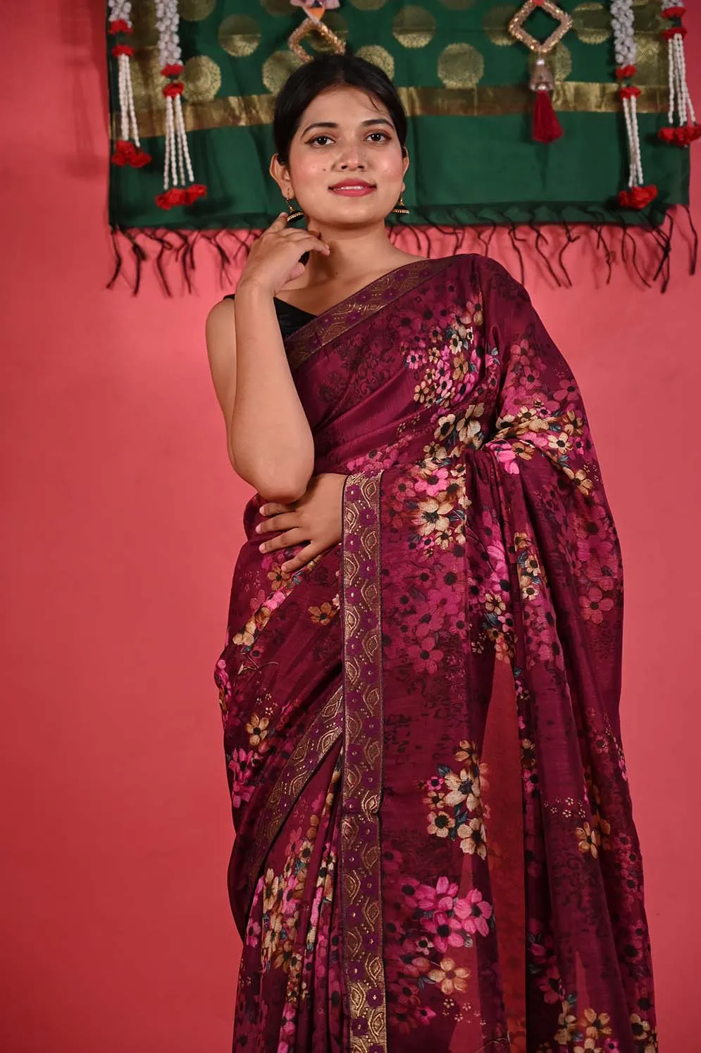 Ready To Wear Beautiful Wine Floral Printed Georgette With Embroidered Detailed  Border  Wrap in 1 minute saree