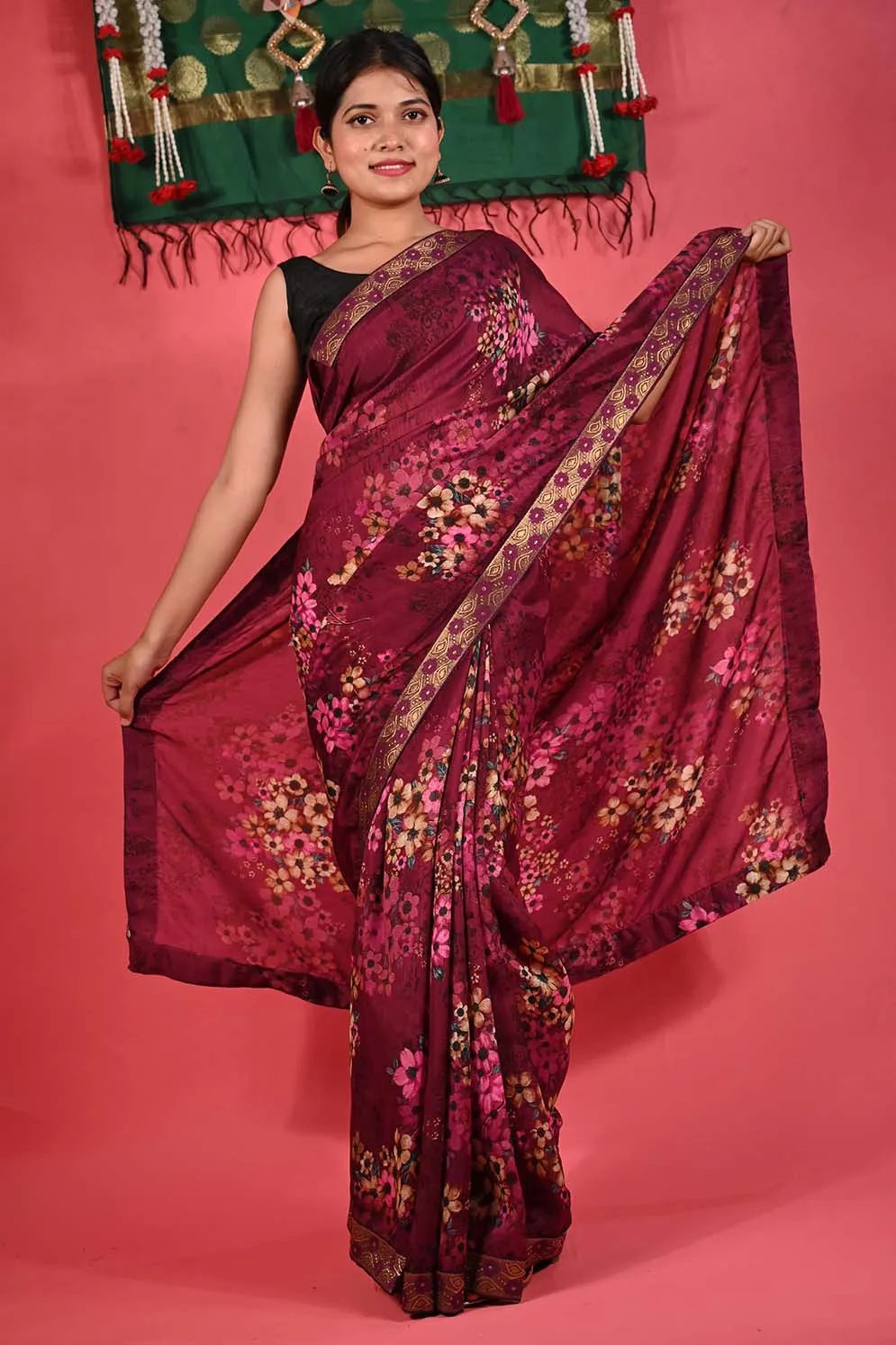 Ready To Wear Beautiful Wine Floral Printed Georgette With Embroidered Detailed  Border  Wrap in 1 minute saree