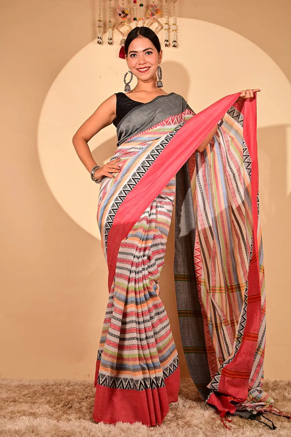 Ready To Wear Begampuri weave cotton linen with Tassels on Pallu Wrap in 1 minute saree