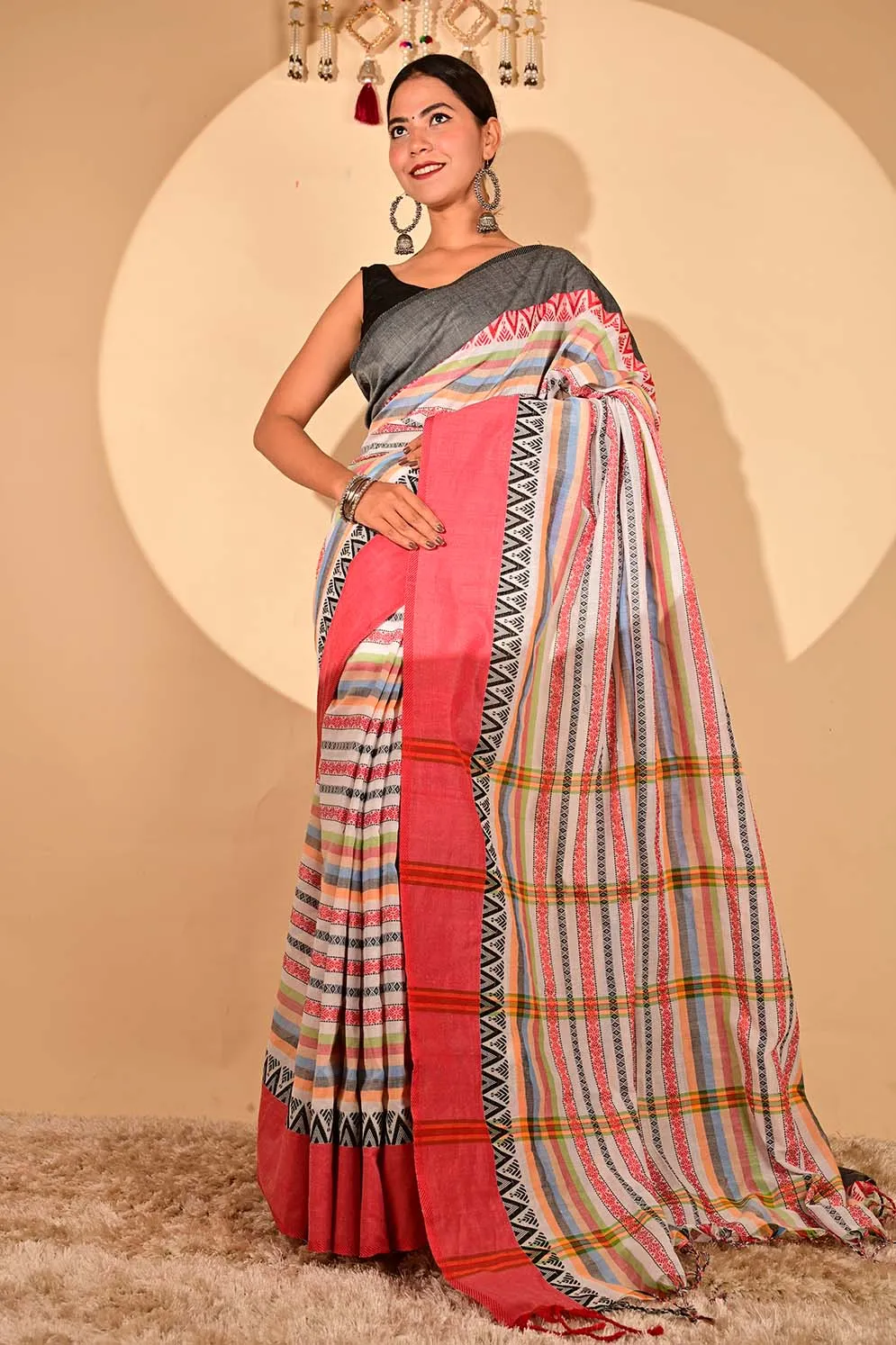 Ready To Wear Begampuri weave cotton linen with Tassels on Pallu Wrap in 1 minute saree