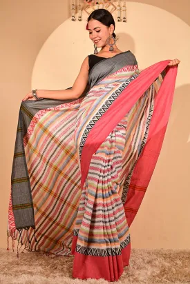 Ready To Wear Begampuri weave cotton linen with Tassels on Pallu Wrap in 1 minute saree