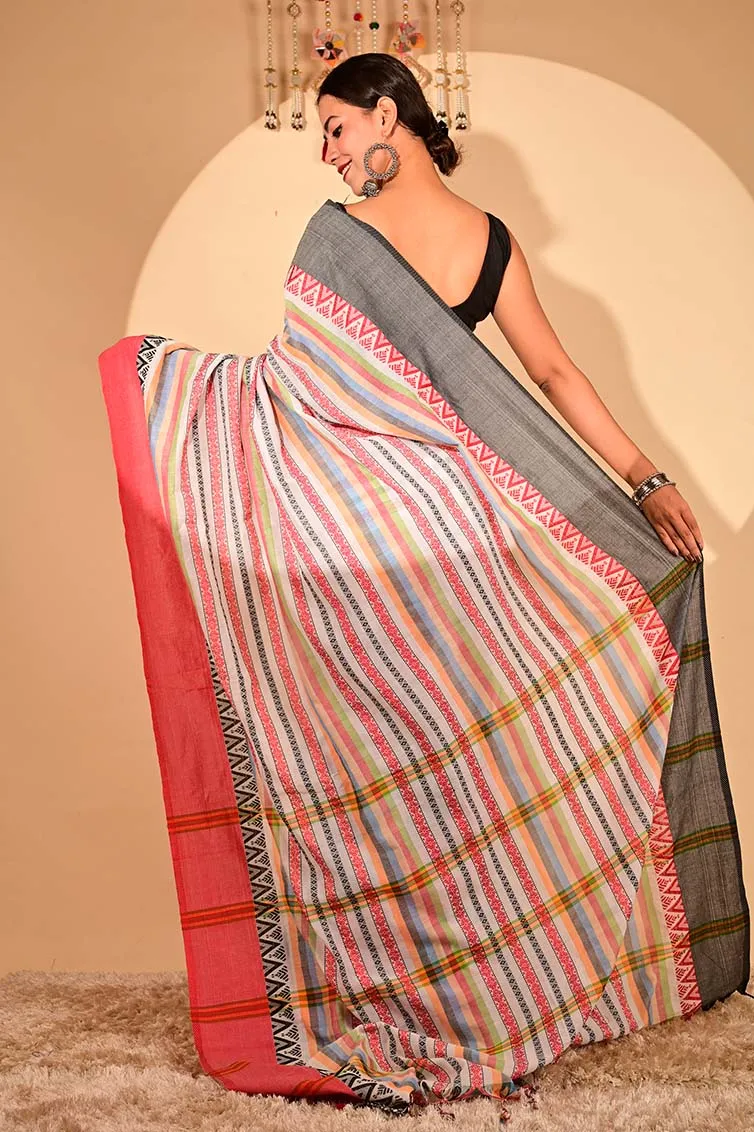 Ready To Wear Begampuri weave cotton linen with Tassels on Pallu Wrap in 1 minute saree