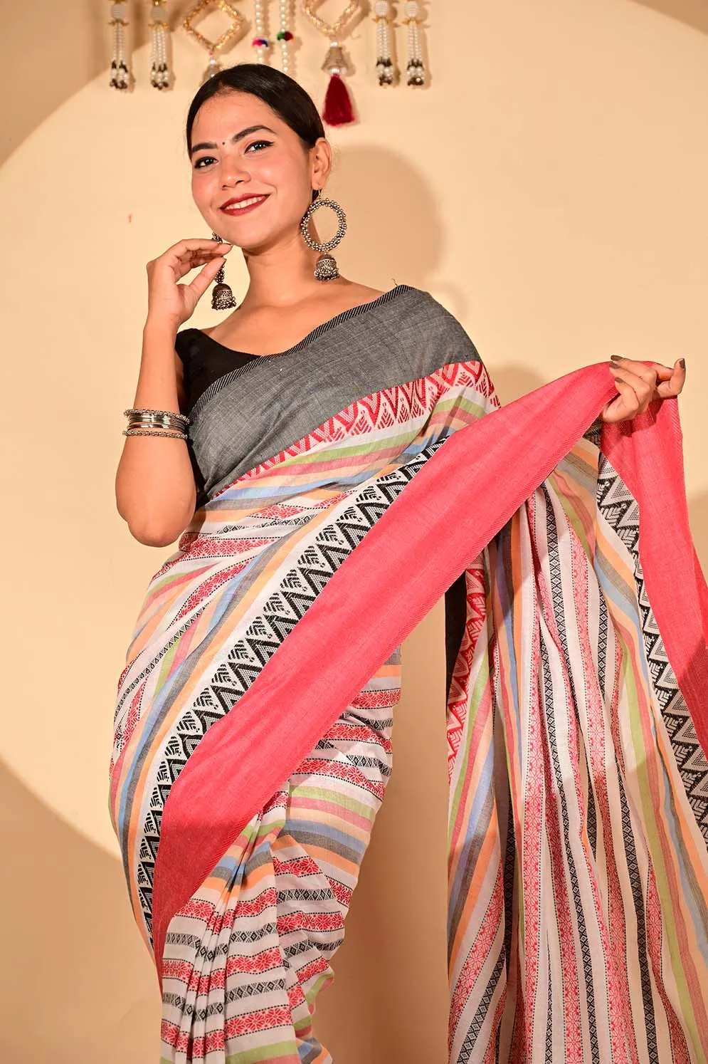 Ready To Wear Begampuri weave cotton linen with Tassels on Pallu Wrap in 1 minute saree