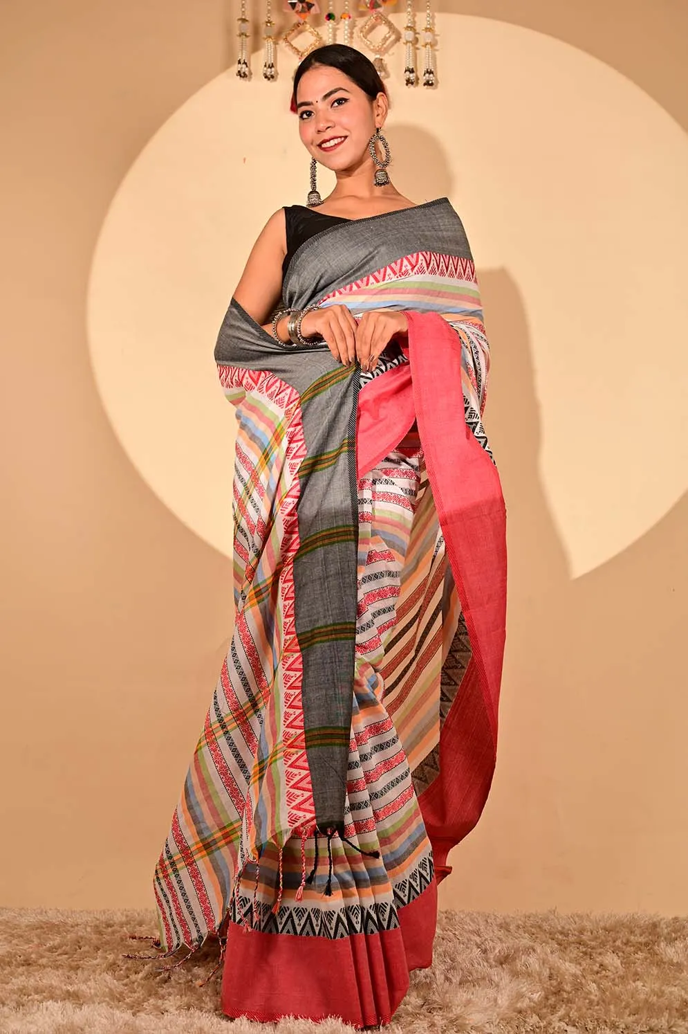 Ready To Wear Begampuri weave cotton linen with Tassels on Pallu Wrap in 1 minute saree