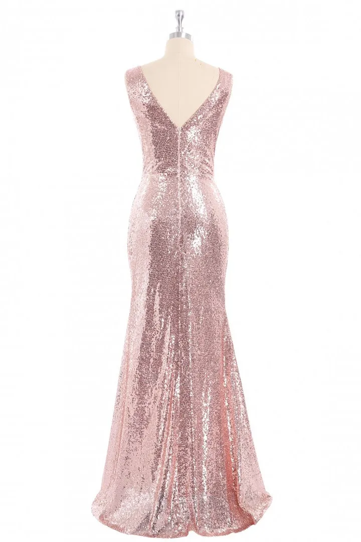 Rose Gold Sequin V-neck Long Formal Dress with Slit