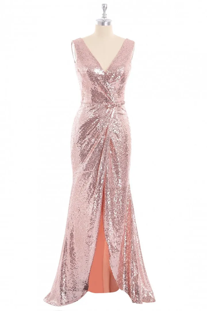 Rose Gold Sequin V-neck Long Formal Dress with Slit