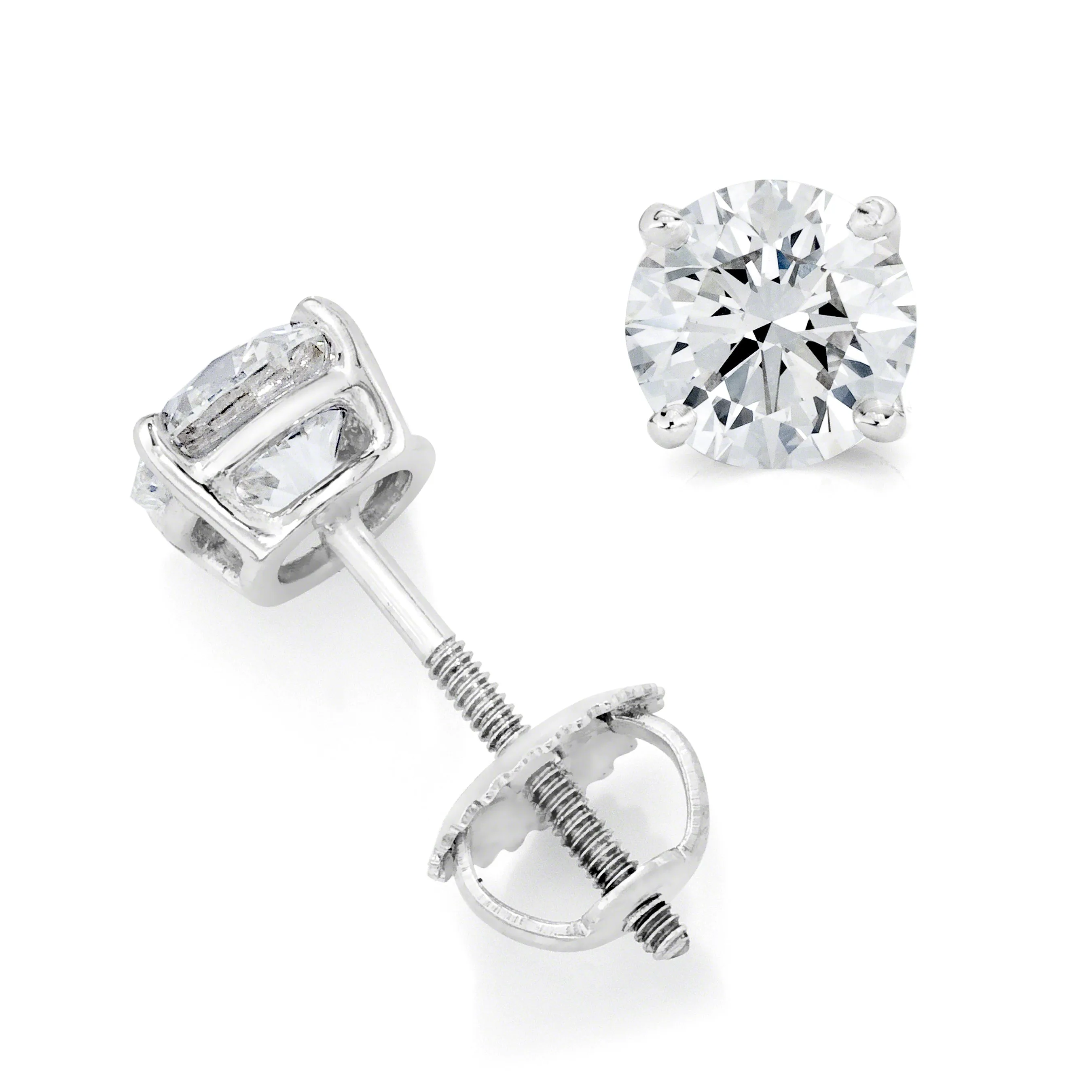 Round Solitaire Diamond Studs (1.49 ct Diamonds) in White Gold