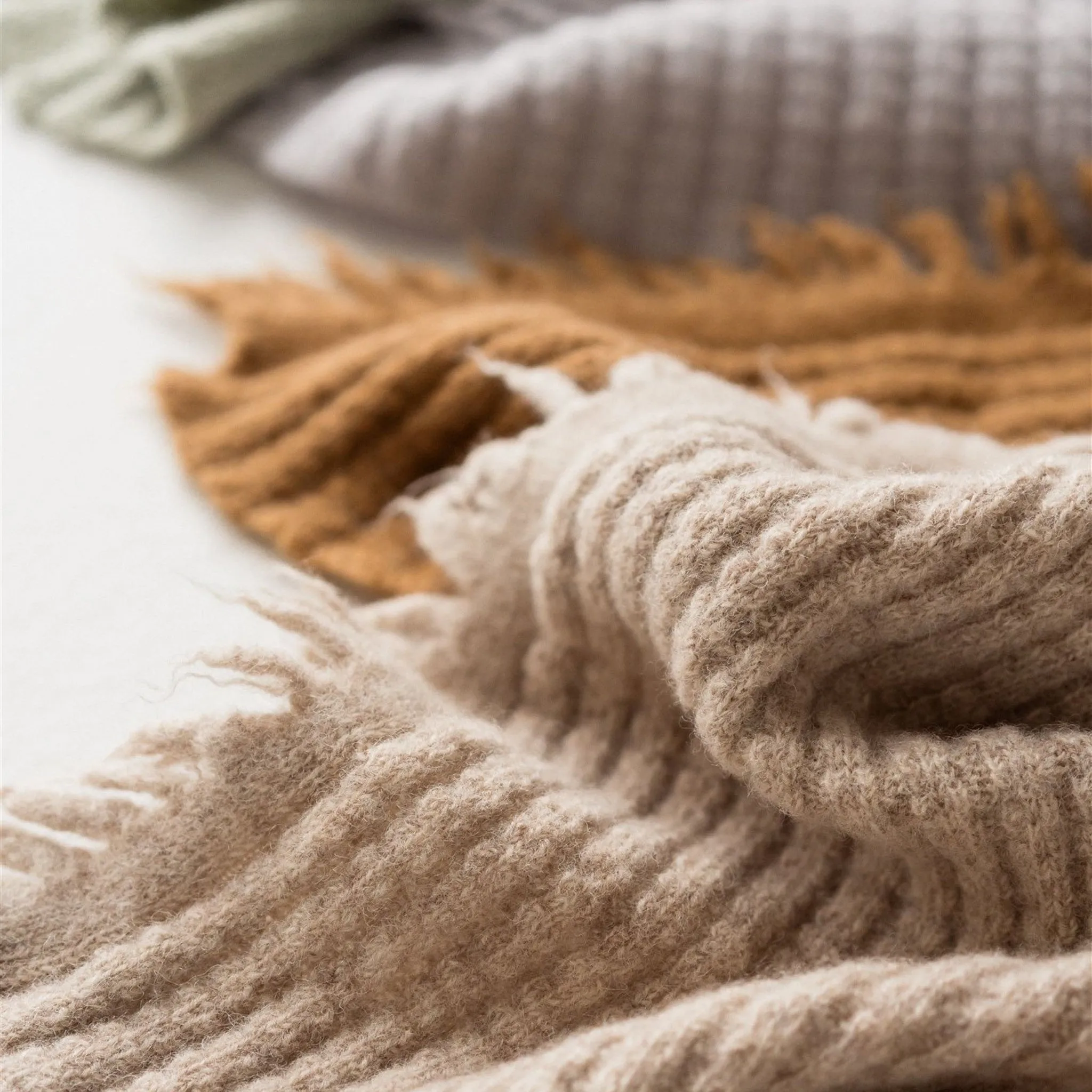 Sand Ribbed Wool Throw Blanket