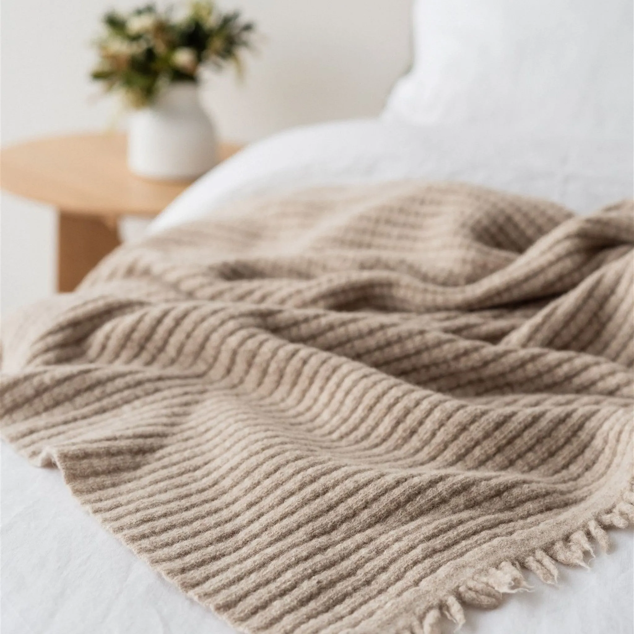 Sand Ribbed Wool Throw Blanket