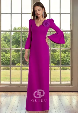 Sheath V Neck Long Sleeves Back Zipper Mother of Bride Dress with Flower