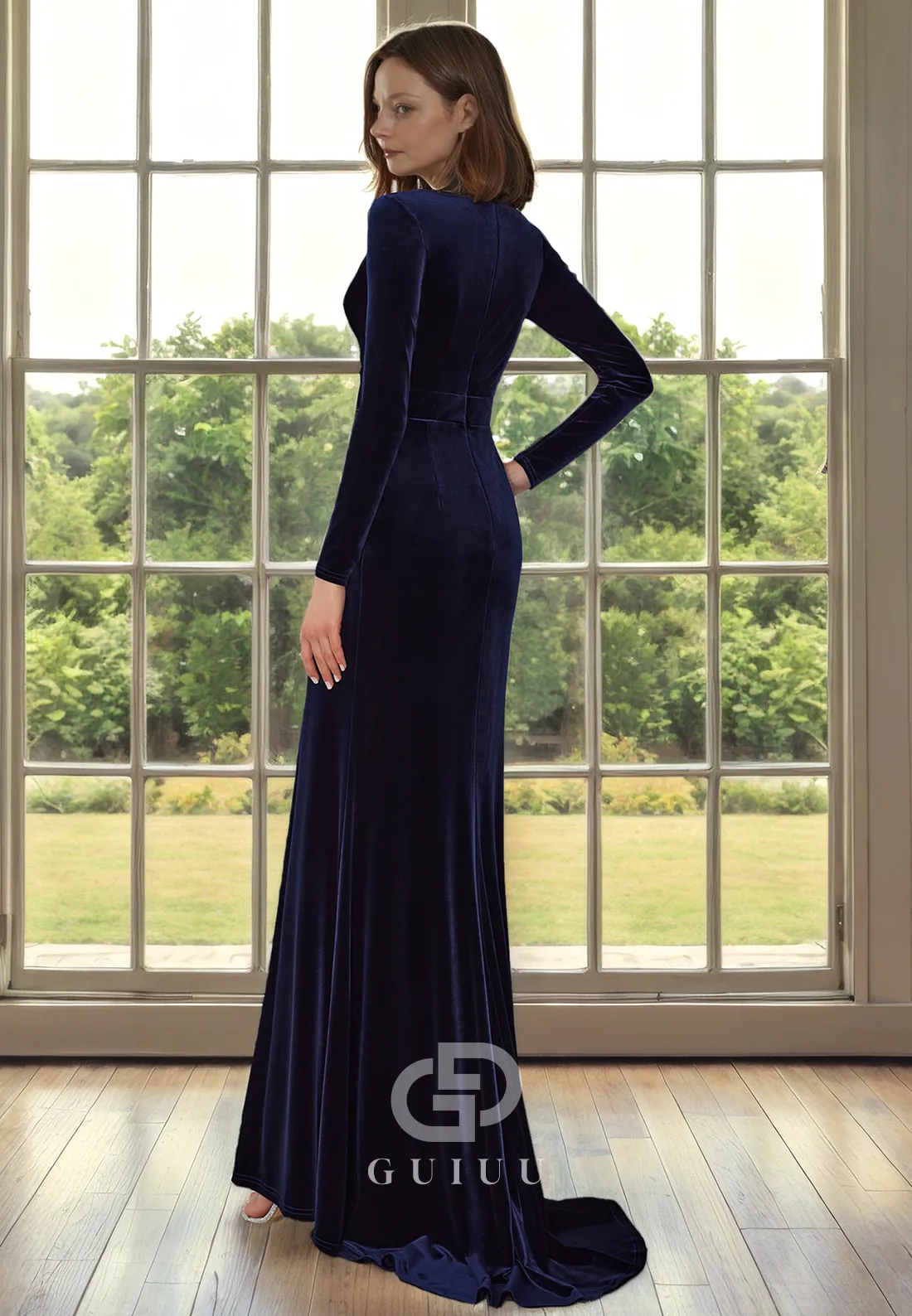 Sheath V Neck Long Sleeves Pleated Velvet Mother of Bride Dress