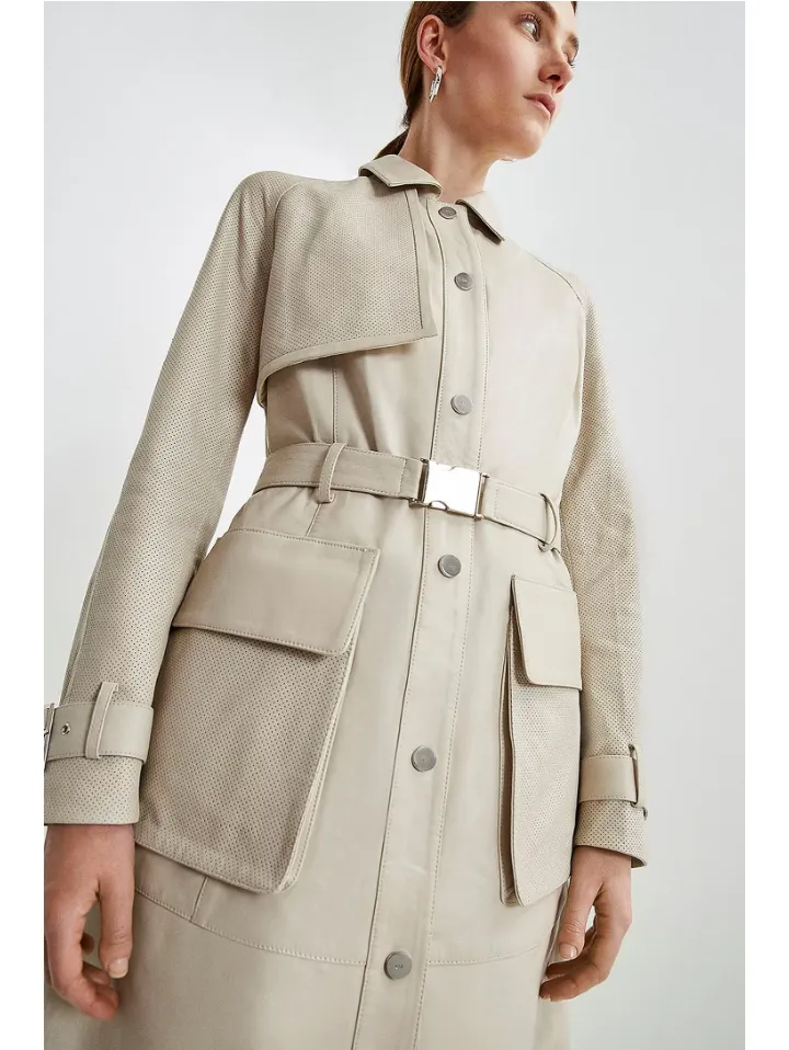 Women’s Beige Sheepskin Leather Perforated Trucker Coat